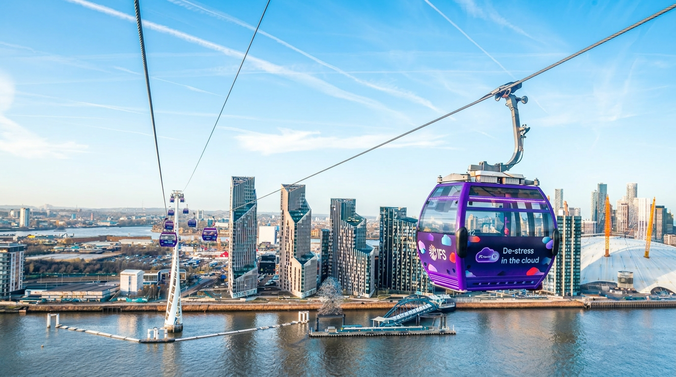 London cable car over the Thames at dusk with the city skyline