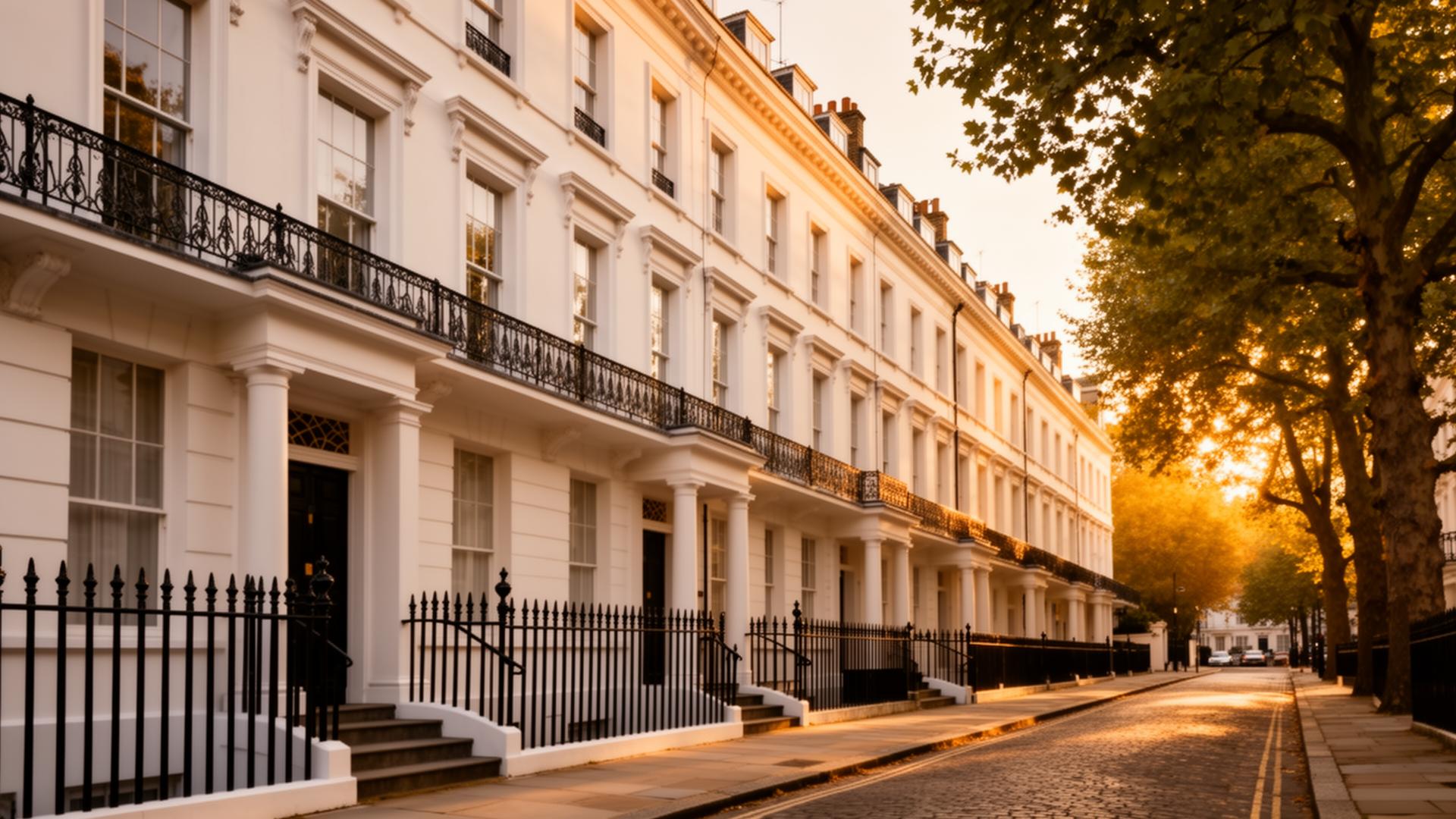 Period London townhouses at golden hour